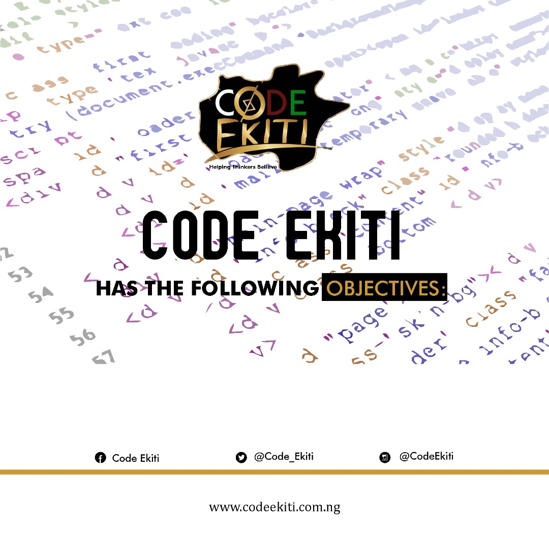code_ekiti's tweet photo. Code Ekiti has the following objectives:

(i) To impart to each citizen a permanent academic and functional literacy as well as basic skills in #Coding #Animation, #GraphicsDesigning including the ability to communicate in one's mother-tongue. https://t.co/crkCh0RZsn