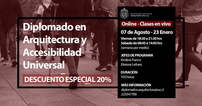 The PUC University of Chile is now offering a Diploma in Architecture and Universal Accessibility 2020.  Learn more at bit.ly/3jzHWuI

<a href="/SmartCityA11y/">SmartCities4All</a> <a href="/IAAPOrg/">IAAP</a> <a href="/Hear_Colors/">Accesibilidad Web</a>  <a href="/AnnieCSoubic/">Annie Carrillo</a>  <a href="/CarmenFreed/">Carmen Freed</a>  <a href="/ciudadaccesible/">Ciudad Accesible 🇨🇱</a>
 #Chile
