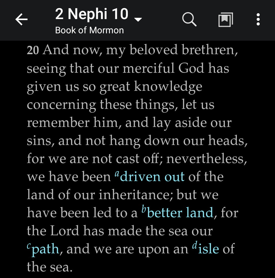 Nephi, Alma, and others repeatedly teach their people the importance of remembering the great blessings of the Lord to their ancestors - especially in leading them out of wicked Jerusalem to a land of promise.