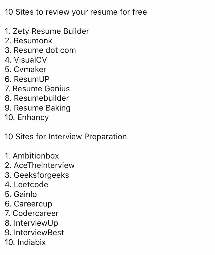 stha_mavundla's tweet photo. Attached below.. 

1. Top 10 sites for your career
2. 10 tech skills in demand
3. 11 sites for free online education
4. 10 sites to learn Excel for free
5. 10 sites to review your resumé for free
6. 10 sites for interview preparation 

Share to help💛

Credit: Sidharth Beni https://t.co/axGTvz57Hj