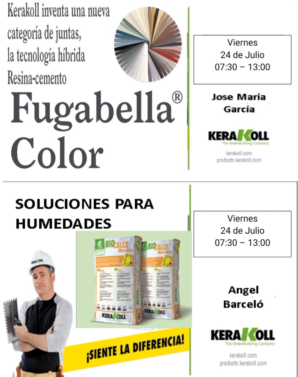 Formación y presentación de la mano de Kerakoll 👏👏
Este viernes 24 de Julio, tenemos el privilegio de tener a Kerakoll para  presentar sus productos de junta color para los azulejos, formando a todo el que esté interesado en sus artículos.
Dicha presentación será en nuestras