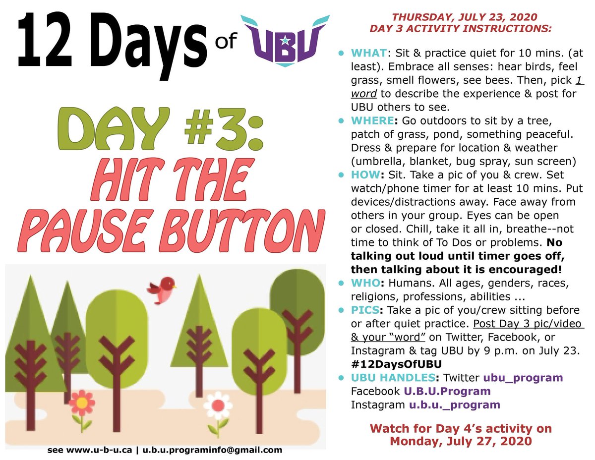 UBU_Program's tweet image. Day 3 is Here of #12DaysOfUBU #HitThePauseButton is meant to slow us down. Take a min to see nature. Breathe. See what we have. Notice the good. #WeOnlyHaveToday. Just 10 mins. Free. All ages. All locations (it's virtual). Would love for u to share &amp;amp; get everyone u know involved.
