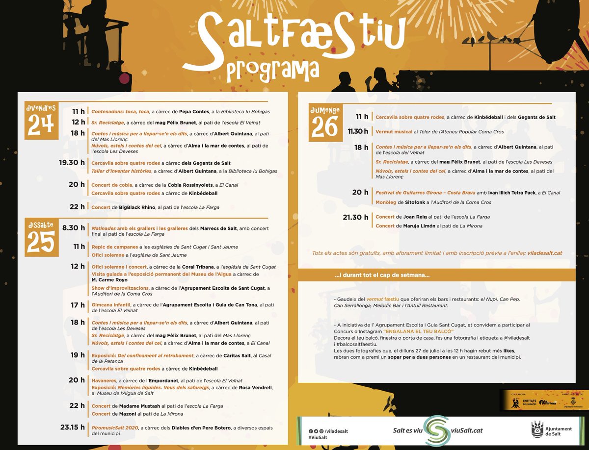 pereboterosalt's tweet photo. ➡️ Falten poques hores pel #Saltfaestiu, motiu per anunciar que dissabte organitzem un piromusical des dels següents punts del municipi:
📍 Mas Llorenç
📍 Pavelló d'esports
📍 Les Bernardes
📍 El Canal
📍 Espai Som Salt
⚠️ Demà explicarem com seguir la música des dels balcons! https://t.co/6j9F5tPlyy
