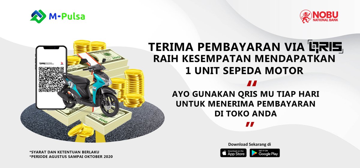 MPulsa2's tweet photo. QRISDAYANTI (Pake QRIS Jelas Cuan Menanti)

Ayo Gunakan QRIS mu di MPulsa dan raih kesempatan mendapatkan 1 Unit Sepada Motor 🥳

Info Lengkapnya cek di Aplikasi MPulsa!

#Mpulsa #QRIS #Doorprize https://t.co/u6C9pT5mj3