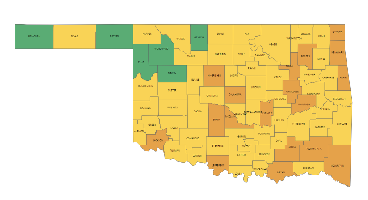 RobbyKorth's tweet photo. One notable piece of this is the mask mandate for faculty, staff and students at the yellow level. Right now, almost every county in Oklahoma is at least at yellow on the state's color-coded system. https://t.co/4sW2JkDRuM