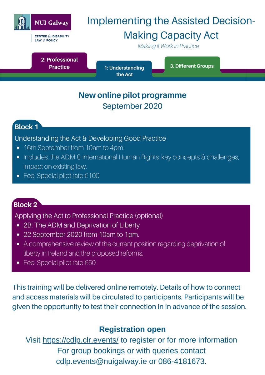 CDLPGalway's tweet photo. We have adapted 2 elements of our training on #ADMAct for online delivery in Sept 2020. Block 1: Understanding the Act will run on 16/09 & Block 2B: Deprivation of Liberty on 22/09. Find out more & register now to avail of the special pilot rate https://t.co/VV8DMddB6J https://t.co/gU66nzf75k