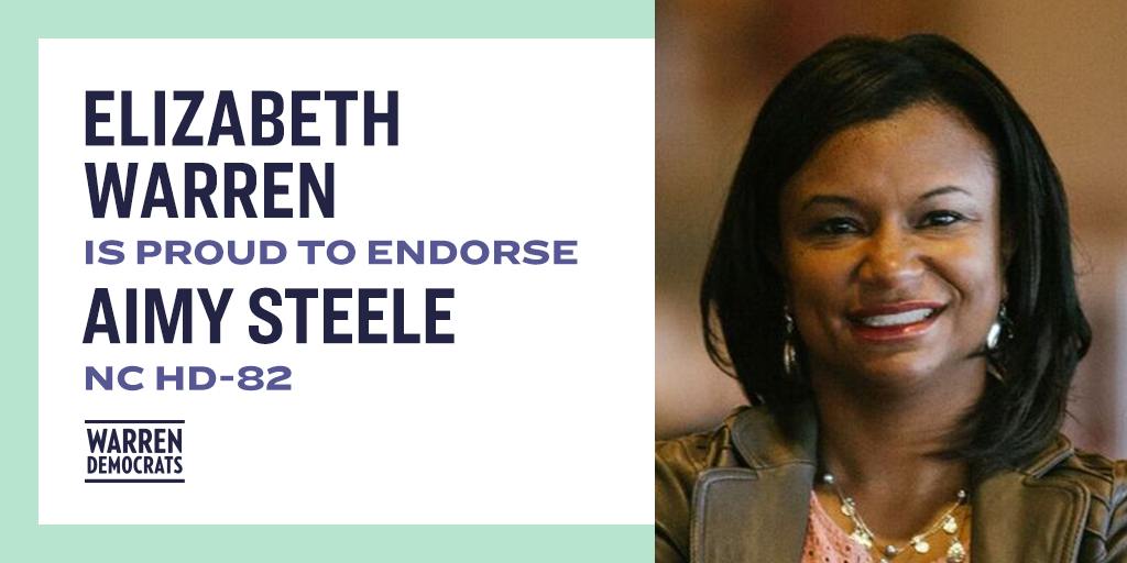 ewarren's tweet photo. I'm proud to endorse @SteelenChouse18's run for the North Carolina State House. As a principal, mother, and community leader, Aimy knows firsthand the struggles working families face. I know she will bring the leadership North Carolinians deserve. https://t.co/Cn1vnP7h60