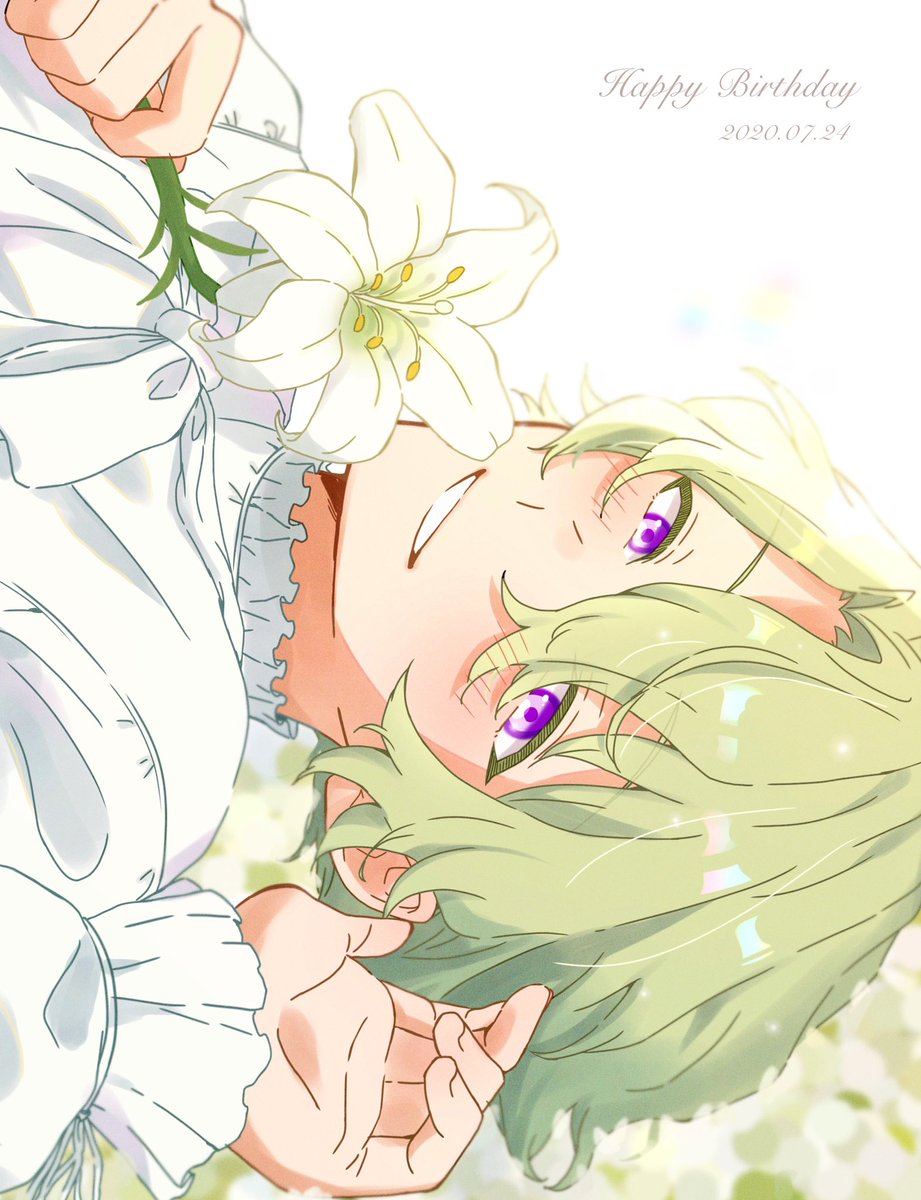 1boy male focus flower purple eyes smile solo green hair  illustration images