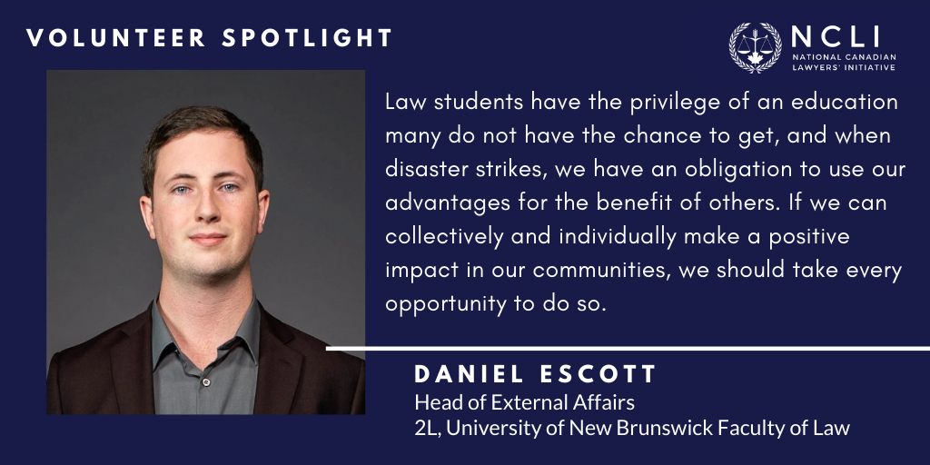 natcanlaw's tweet photo. Today the #VolunteerSpotlight is on @DanielJEscott, Head of External Affairs at @natcanlaw. Daniel is an integral part of NCLI’s executive team. He coordinates NCLI’s fundraising efforts and plays a leading role in external relations. Thank you Daniel! #a2j #probono https://t.co/JpHtSbZqzg