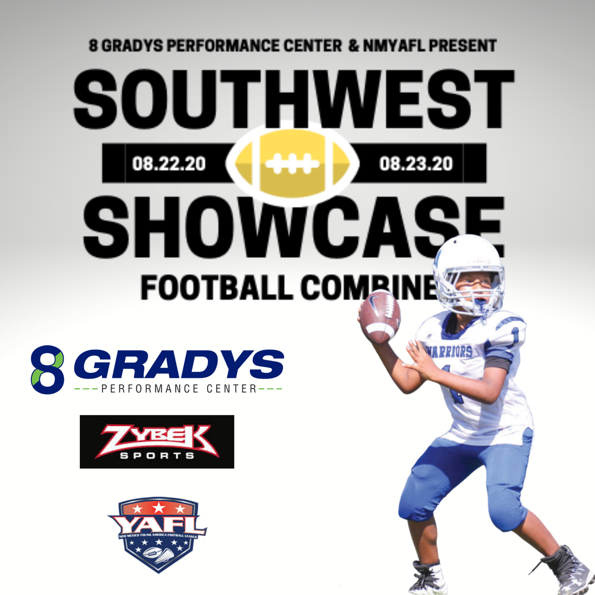 8Gradys's tweet photo. Open to all YAFL players ages 8-14. Laser timed 5-10-5, 40 Yard Dash, Force Plate Measurement, Broad &amp; Vertical Jump, Height, Weight. Each athlete will receive an RFID bracelet and expansive nationally recognized combine test results. 
#YAFL
@NMYAFL1 

https://t.co/6EfMeD46Ru https://t.co/zBDVxkWlLY