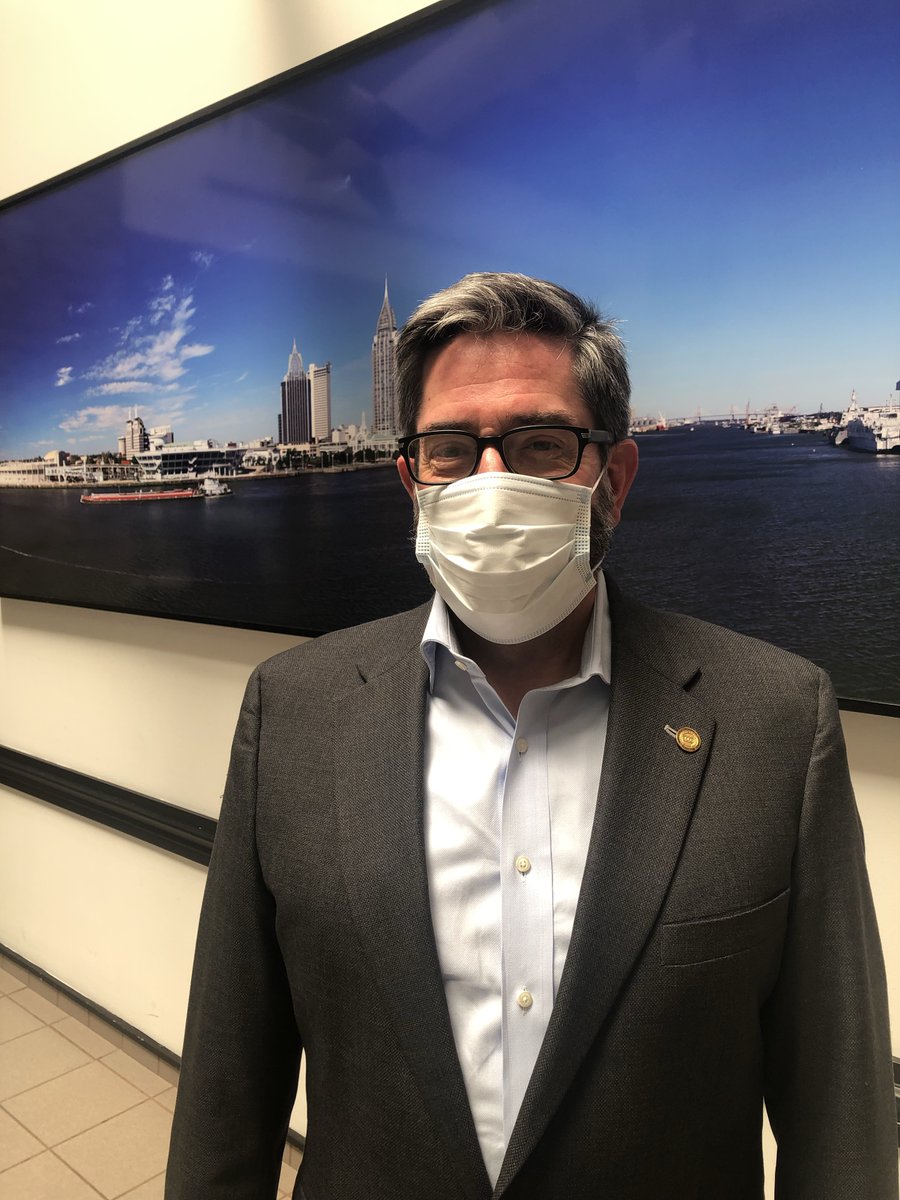 MobileChamber's tweet photo. Chamber President &amp; CEO Bill Sisson wears a face covering saying “I wear a mask so we can protect each other and keep our economy open!” Stay safe &amp; wash your hands often. Join the Chamber staff in wearing your mask and helping stop the spread of COVID-19. #whyIwear @ilovemchd https://t.co/FyFKBVK8dA