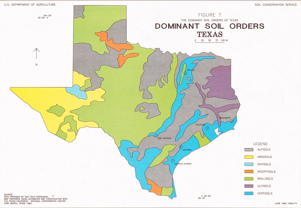 TracesofTexas's tweet photo. There are 12 recognized soil orders in the world. Of these, the state of Texas has nine. There are more than 1,300 soil series in Texas, &amp; each series is classified in one of these nine soil orders. 7 are shown on this map. The other 2 are not shown because they are very small. https://t.co/AEIhMJ7vps