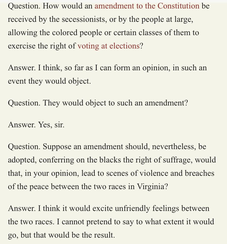 Lee also argued against enfranchising black Americans. Arguing it would cause “unfriendly feelings between the two races” by which he means among whites (cause why would Blacks be upset about gaining the ballot).