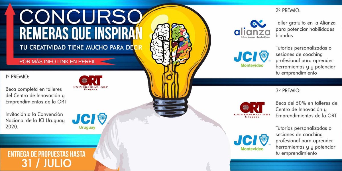 JCIMontevideo's tweet photo. Remeras que inspiran!
Para conocer más de este concurso dirigite a este link de Drive https://t.co/fiT9YPARwF

El objetivo es diseñar un estampado que transmita un mensaje que impacte a la persona que lo esté mirando. 
Premios de @UniversidadORT y @alianzaeduuy https://t.co/d9EWKG9ZBQ