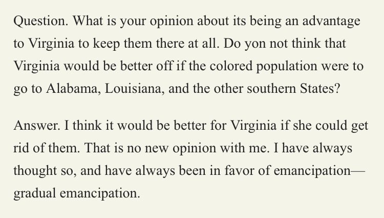 On the topic of what to do with formerly enslaved people? Lee thought it would be better for Virginia “get rid of them.” Then Lee claims he was always a gradual emancipationist (not true) but it’s clear he doesn’t care about black people so much as about the impact on whites.
