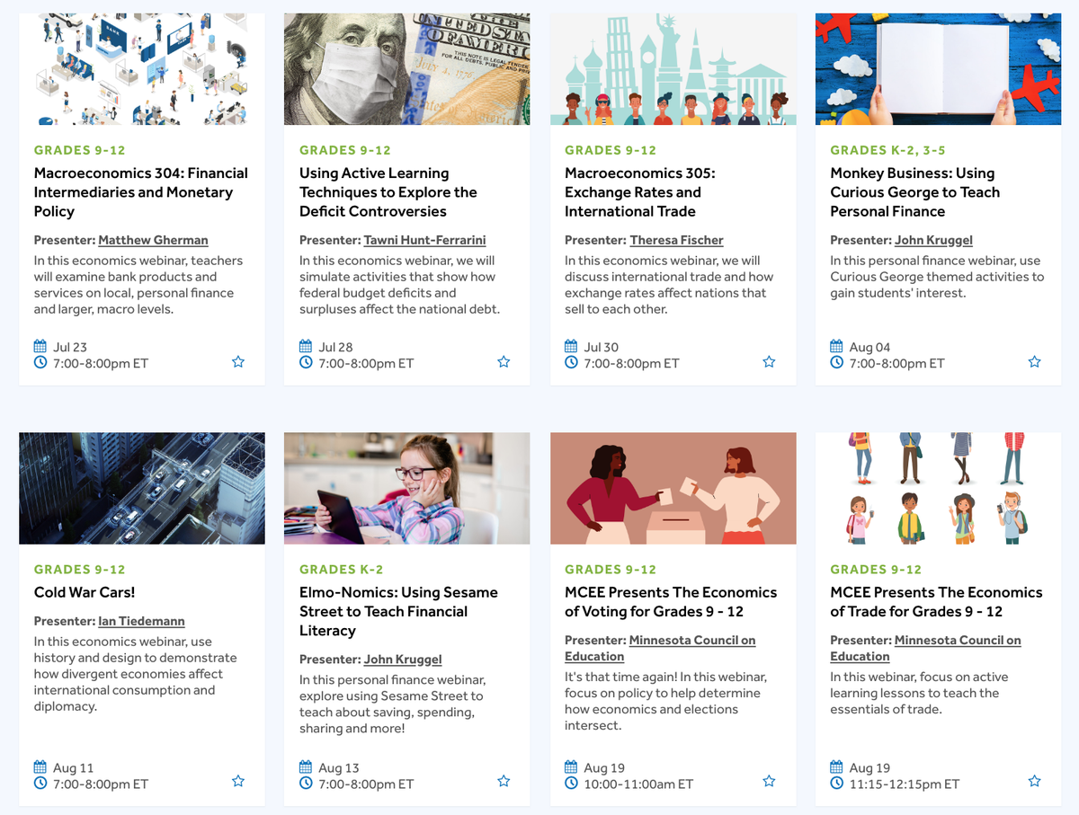 CouncilEconEd's tweet photo. Check out our upcoming summer webinars (all free!). Today, we're hosting a webinar on Macroeconomics 304: Financial Intermediaries and Monetary Policy. 

Register here: https://t.co/n0Ntl4TtYq 

#econed #finlit #personalfinance #webinar #professionald
#economics #teachers https://t.co/DphYiufsIm