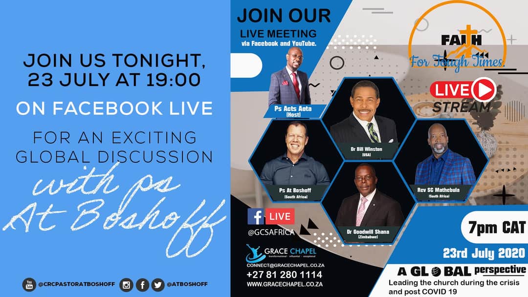 Tune in to see Ps <a href="/AtBoshoff/">Adriaan Boshoff</a> be part of a global discussion hosted by Grace Chapel‼️This session will be streaming live tonight on Facebook.
See you at 19:00!

facebook.com/206153222398/p…

Ps <a href="/AtBoshoff/">Adriaan Boshoff</a> @CRCMain <a href="/ActsAota/">Acts Aota</a>

#Heaven2020 #GraceChapel #Live #CRC #CRConline