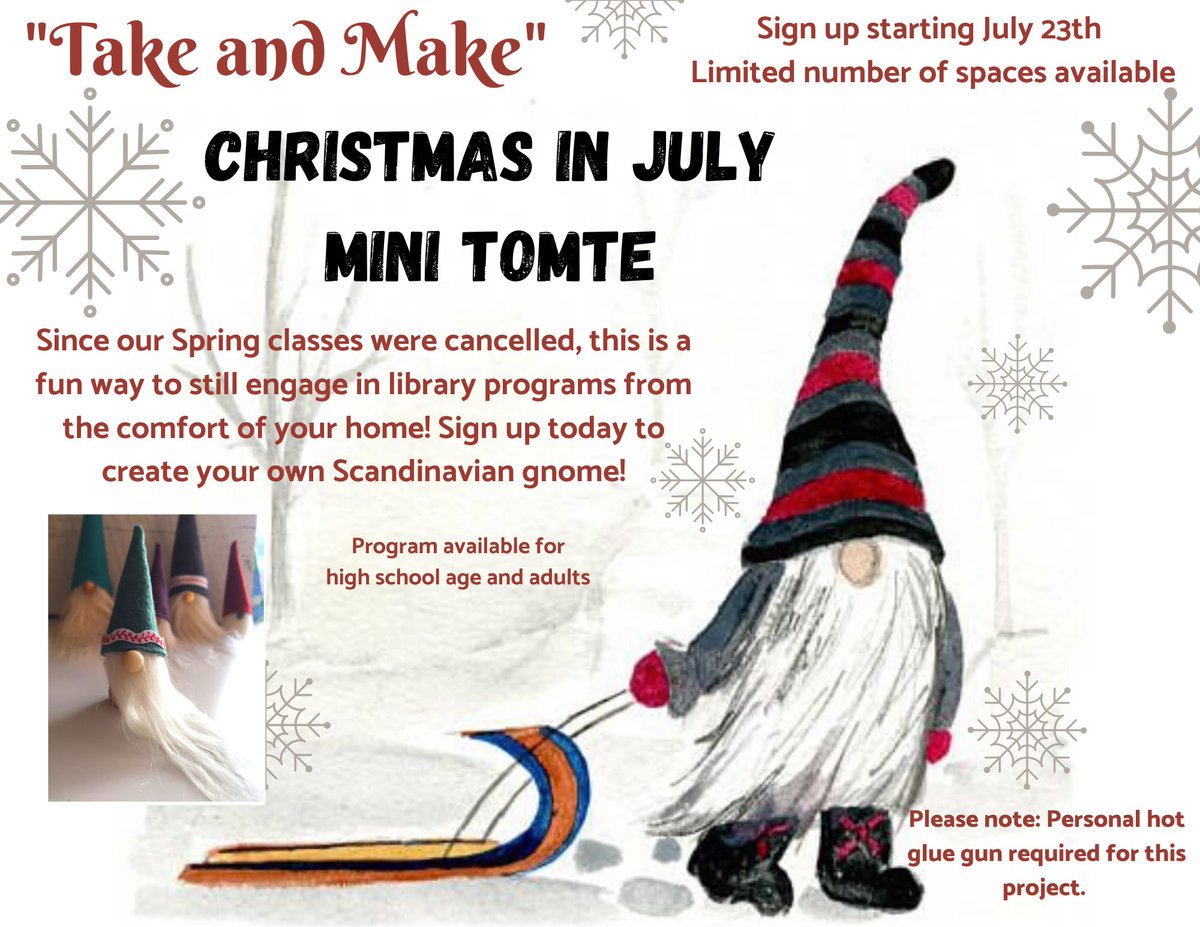 Who cares about elf on a shelf when there's Scandinavian gnome in your home (I just made that up on the spot!) #AtHome #crafts #Gnomes #LibraryProjects Sign ups start today for our next adult project! Call us at 785-238-4311. #ChristmasInJuly