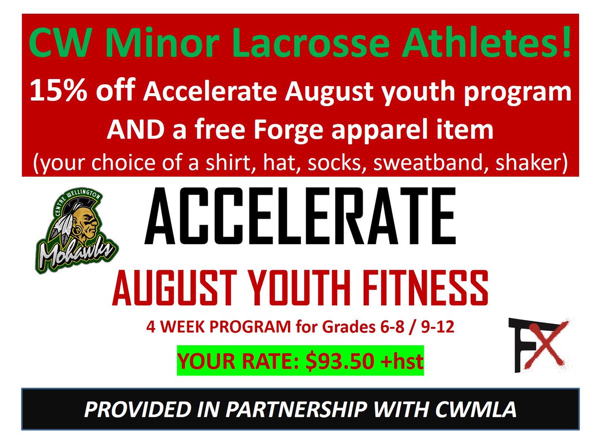 ForgeXTraining's tweet photo. CW Minor Lacrosse Athletes! In partnership with CWMLA, 15% off ForgeX Accelerate &amp; a free Forge apparel item! Are you ready to increase your athleticism to the next level? Time to TRAIN! LTD SPOTS LEFT! TO REGISTER: Email Karen@forgeteam.ca &amp; provide CWMLA discount code! https://t.co/W70Bxu3aaw