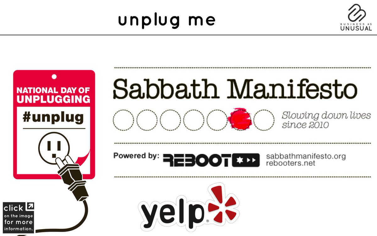 unusual_biz's tweet photo. #BEHAVIORALTRENDS #UNPLUGME
#SabbathManifesto's #NationalDayofUnplugging is a 24 hour period – running from sunset to sunset – to embrace the ancient ritual of a day of rest from our digital life.

#insights about UNPLUG ME ->
https://t.co/93EzjHP5Eb

#PlugintoLife #ResetButton https://t.co/x4IMtlsKwl