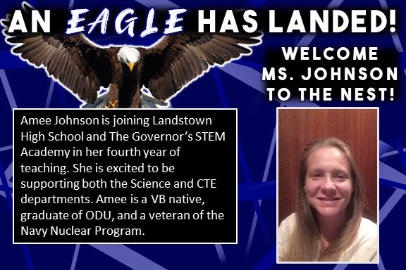 LandstownEagles's tweet photo. Welcome Ms. Johnson to The Nest! 💙🖤🦅 #LoveFromLandstown https://t.co/sMHqZr13pb