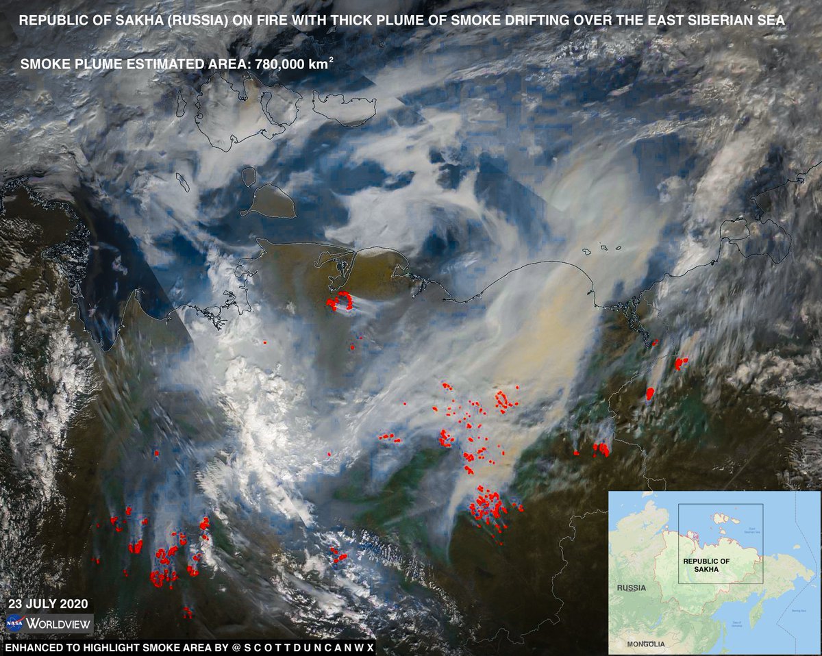 ScottDuncanWX's tweet photo. Siberia is choking on thick wildfire smoke right now. Absolutely brutal for all life out there.

This is the view from space today. Red dots represent ongoing wildfires. The smoke plume area has been estimated to be the size of Spain and Portugal combined (h/t @annamaria_84). https://t.co/AxlY6IMV6K