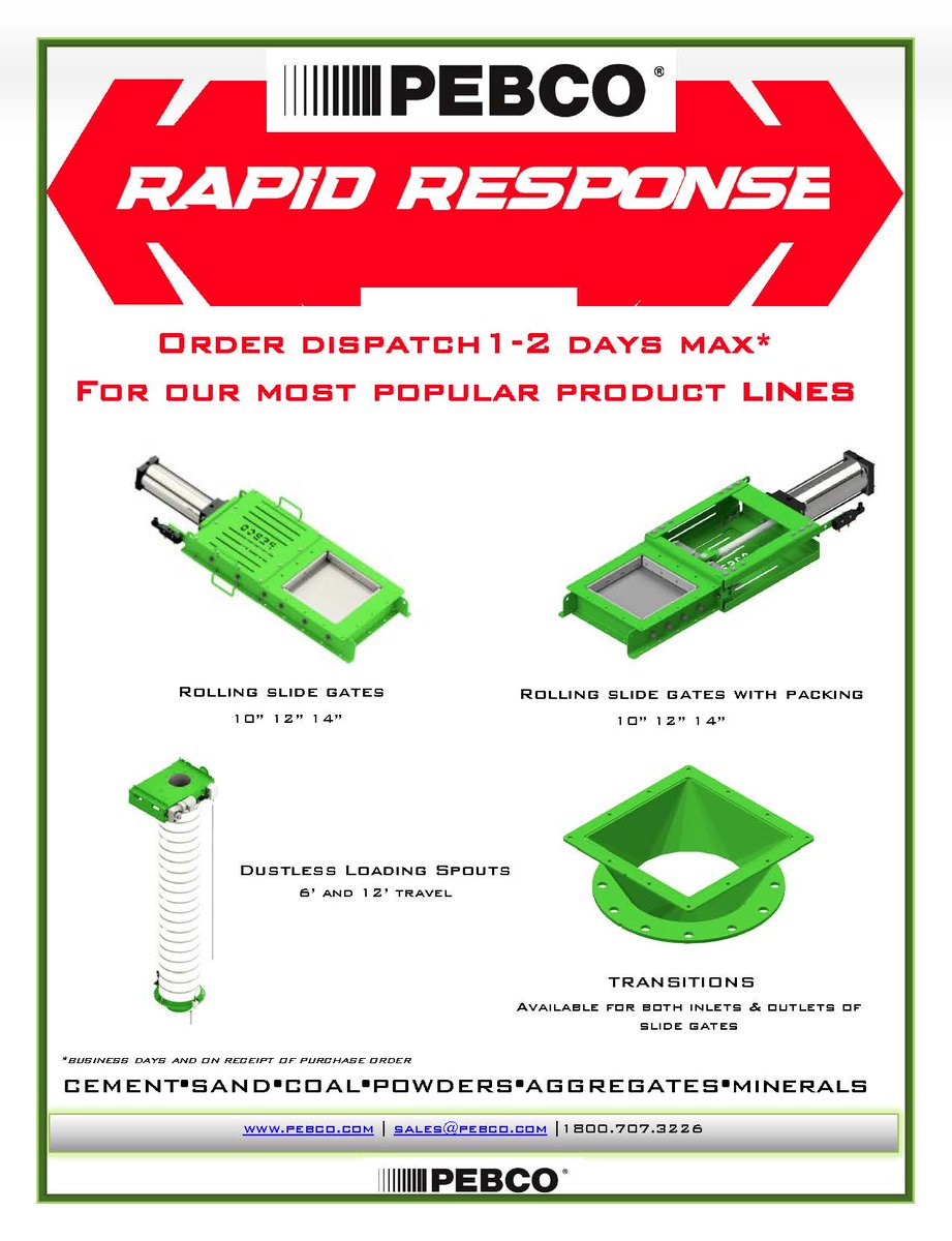 pebco_inc's tweet photo. PEBCO wants to remind everyone in the material handling industry we have fast turnaround on selected slide gates, diverters &amp; dustless loading spouts.  1-2 business days from receipt of order.  Call us!! 1800 707 3226. https://t.co/Y4MOkSy4ge