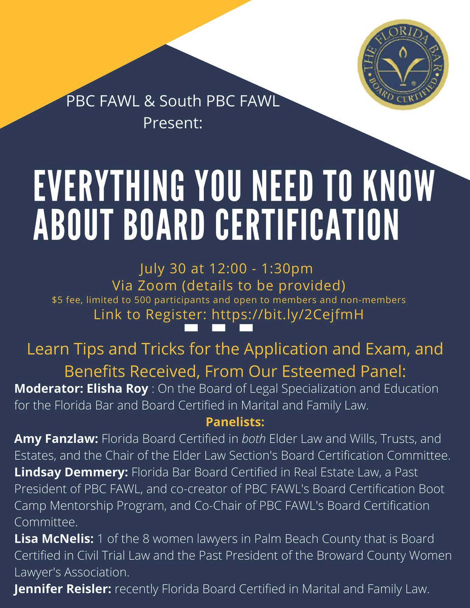 Join <a href="/PBC_FAWL/">PBC FAWL</a> &amp; South Palm Beach FAWL to learn tips and tricks for the Board Certification application &amp; exam.  Link to Register bit.ly/2CejfmH