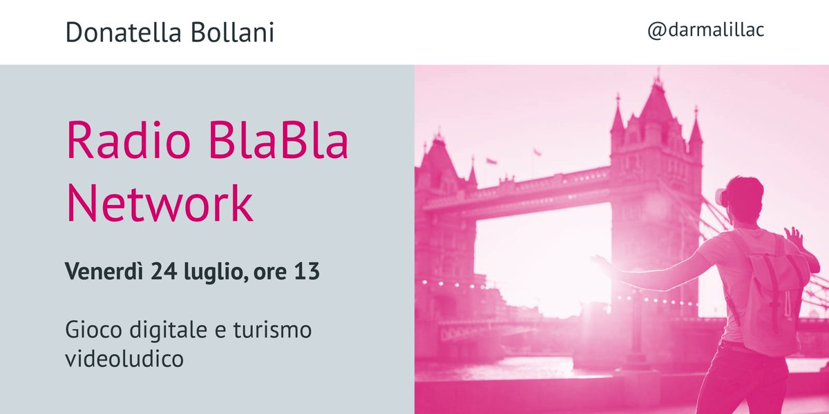 darmalillac's tweet photo. Su Radio BlaBla Network, con #LaBollani domani parleremo di luoghi per il gioco e del turismo videoludico...campi estivi, ludoteche, casinò...la pandemia ha rivoluzionato modi e spazi per divertirsi in compagnia. Per ascoltare clicca https://t.co/R7jF9DtgVW
#RadioBlaBla #design https://t.co/6QfDXKstUk
