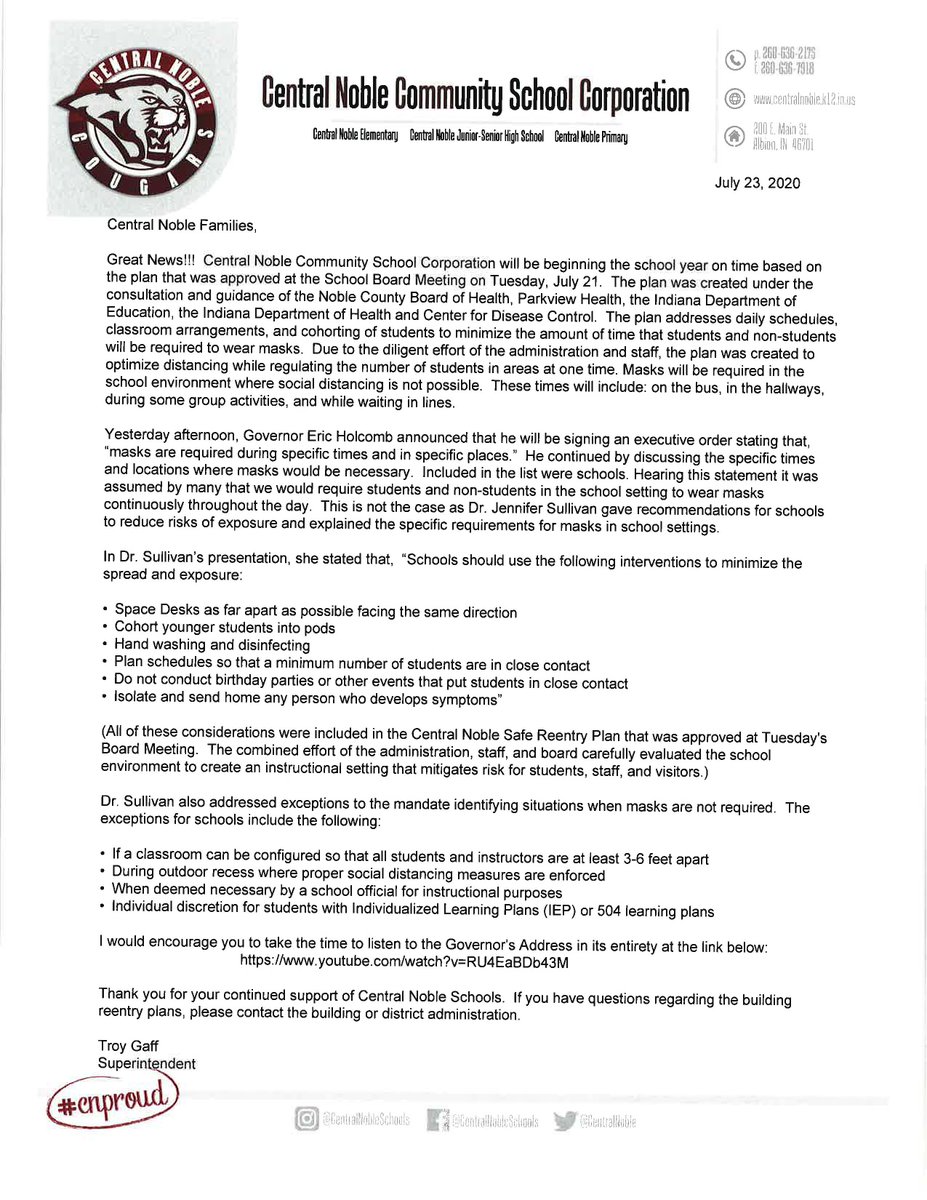CentralNoble's tweet photo. CN Families: A memo from Superintendent Gaff regarding yesterday's Mask Mandate from Governor Holcomb. https://t.co/6IjGofC1w3