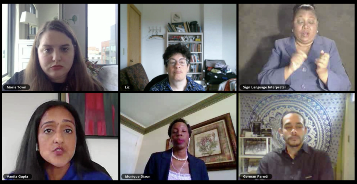 Graphic is a screenshot from the briefing, which shows the five briefing participants and the sign language interpreter. Our president and CEO, Vanita Gupta, is speaking. Liz Weintraub, Maria Town, Monique Dixon, and German Parodi are also pictured.