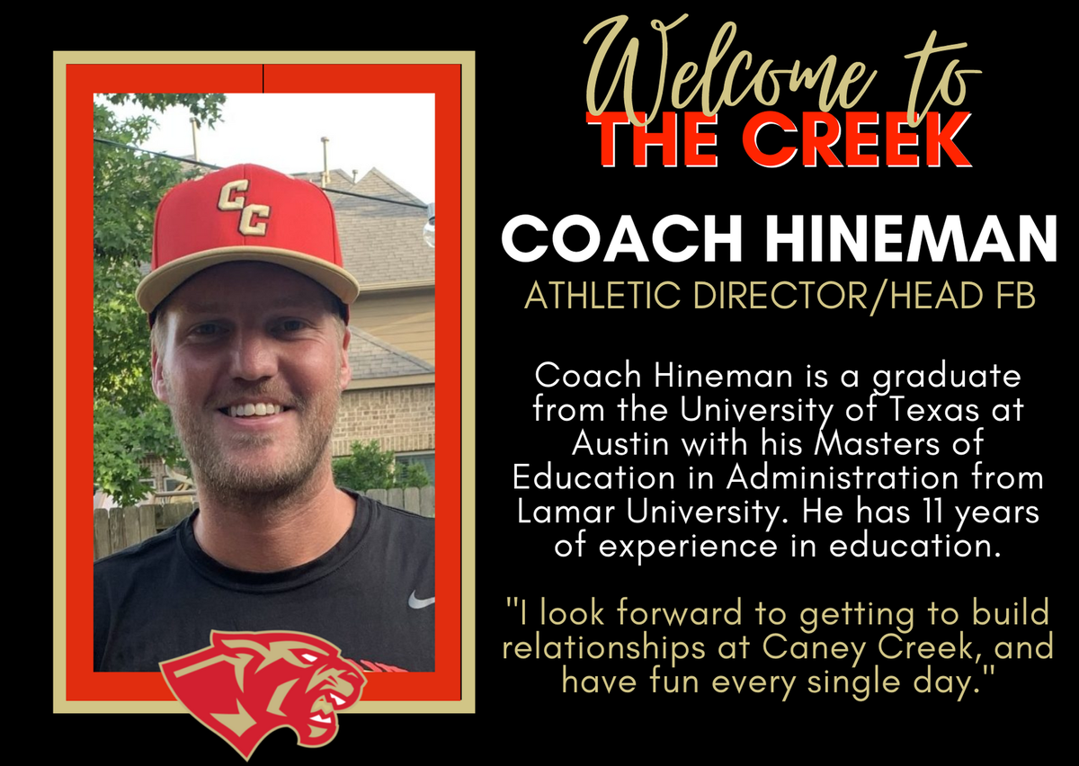 CaneyCreekStuCo's tweet photo. Welcome to the Creek Coach Hineman! We're glad you're here! #PantherFam #CCP #CreekAE @CaneyCreekHS @CCreekFootball @coachhineman https://t.co/e2Eb7BCd6z
