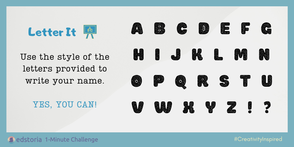edstoria's tweet photo. β #edstoria 1-Minute Challenge - Letter It: Use the style of the letters provided to write your name. YES, YOU CAN! Share your lettering creation in the comments.
#education #educators #CreativityInspired #LetterItChallenge #inspiration #name #lettering https://t.co/Y9VGCpv0sj