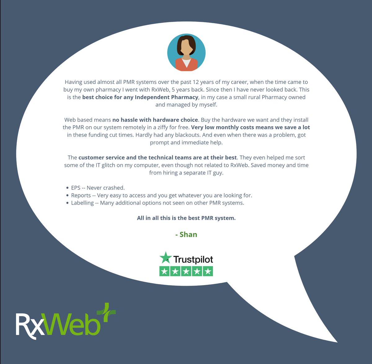 RxWebTeam's tweet photo. Lovely customer review that came in on Trustpilot. Great to see the improvements in customer service and system reliability aren't going unnoticed.

RxWeb is a simple system that provides users with fast and intuitive workflows, streamlining the whole dispensing process. https://t.co/4KLVtj96GN
