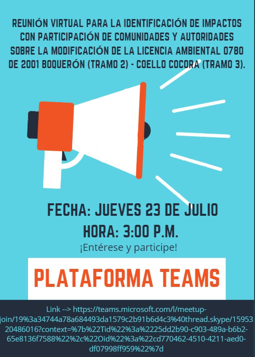 APPGICA's tweet photo. 📅 Participe hoy a las 3:00 p.m., en la reunión virtual para identificación de impactos sobre la modificación de la Licencia Ambiental 0780 de 2001 Boquerón (Tramo 2) – Coello Cócora (Tramo 3), en 👇https://t.co/3aREOIWcWK 

@ANI_Colombia @ANLA_Col @InterventorGICA https://t.co/XkHdSCYACm