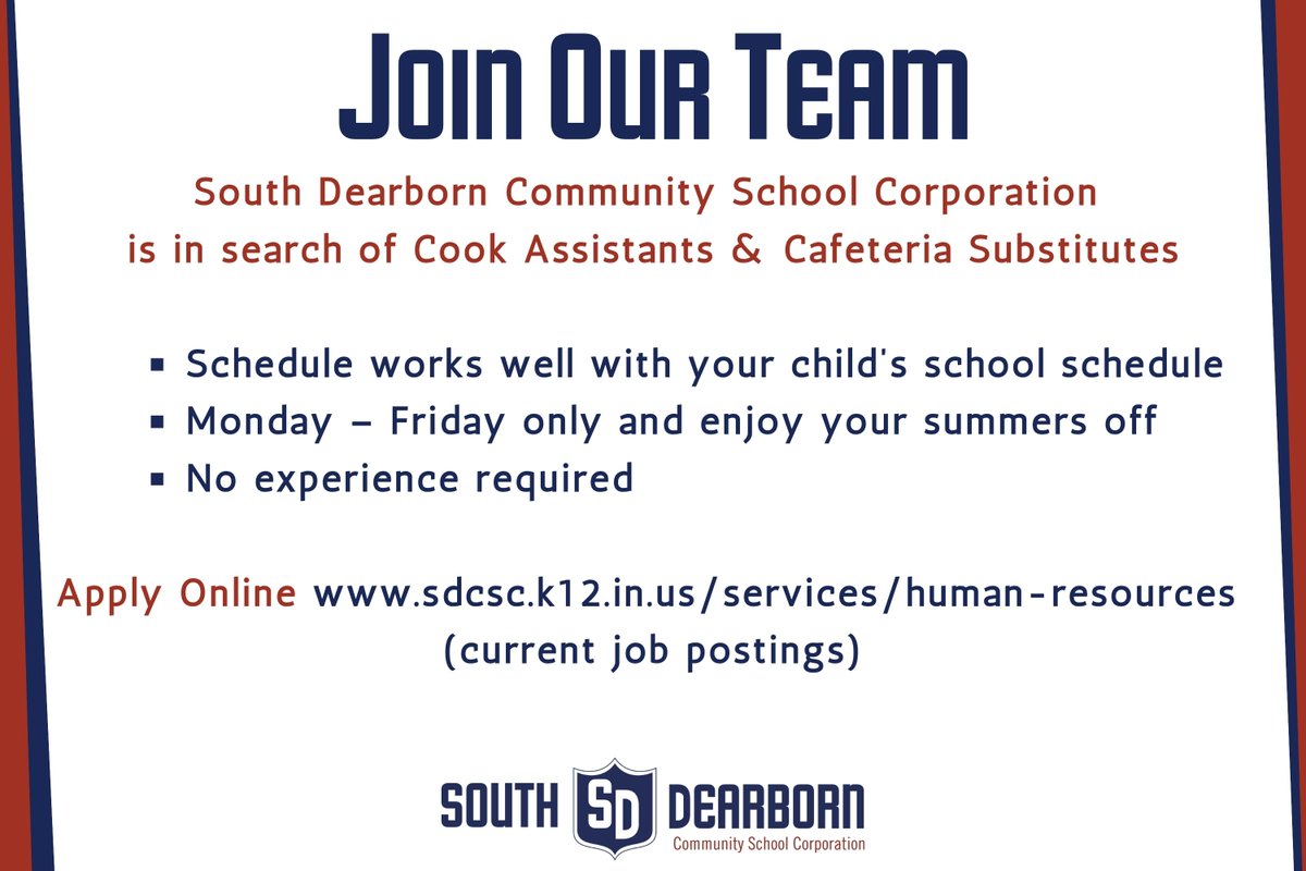 Join our team!  South Dearborn Community School Corporation is in search of Cook Assistants &amp; Cafeteria Substitutes.  You can apply at sdcsc.k12.in.us/services/human… 
(current job postings). See the linked flyer for additional information.

loom.ly/CqjUxDU