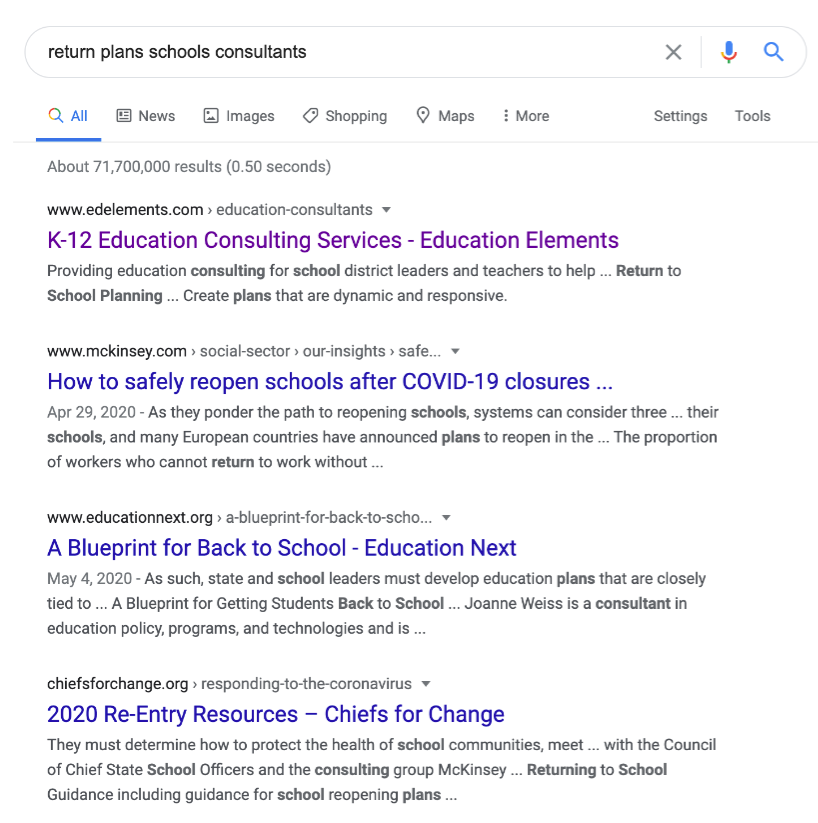 Shelby_McIntsh's tweet photo. When you google #returntoschool and end up the top result! So proud of the hard work @EdElements has done to rise to the challenge this summer. And we're in such great company here! @McKinsey @EducationNext @chiefsforchange https://t.co/mPnJAw73xK