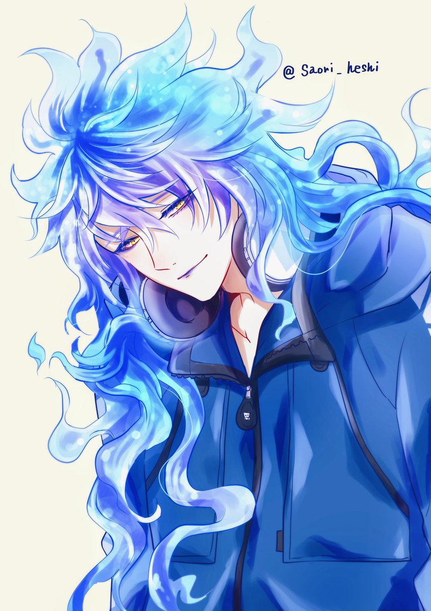 1boy male focus headphones long hair fiery hair solo yellow eyes  illustration images