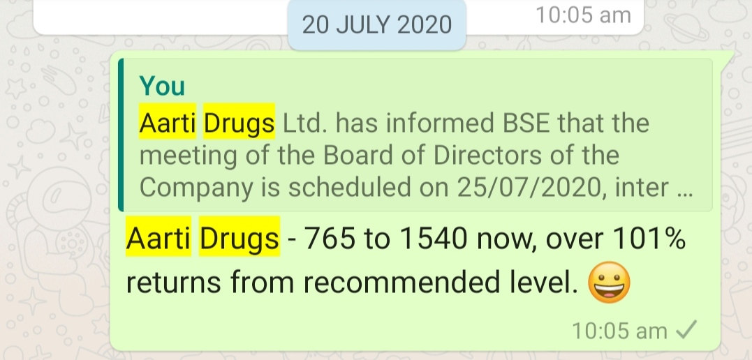 Stock name - Aarti Drugs ( #AartiDrugs) - 765 to 1540, will continue to move along with Pharma Index!
