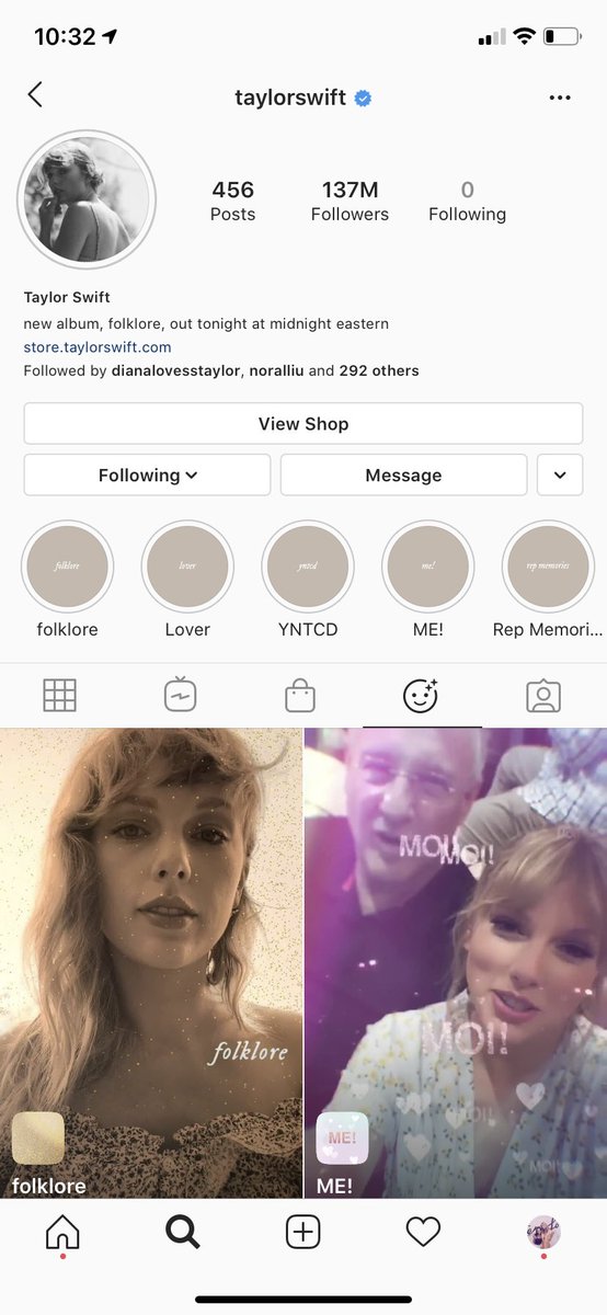 almostfuckingdo's tweet image. there is a new “folklore” filter on taylor swift’s instagram! to use it go to her page and clock the face button