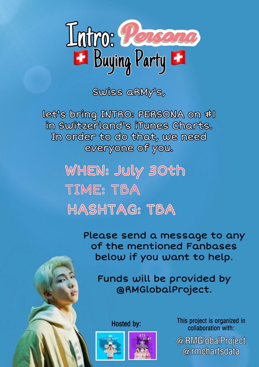 rmswissarmybase's tweet photo. 🎊ANNOUNCEMENT 🎊

We’re happy to announce our Swiss Buying Party for INTRO: PERSONA!

All infos are in the poster below☺️

Please I-aRMy’s help us spread the word to as much Swiss aRMy’s as possible🙏

In collab. with: @RMGlobalProject, @rmchartsdata &amp; @bts_swiss_army https://t.co/iLiaAqbxbZ