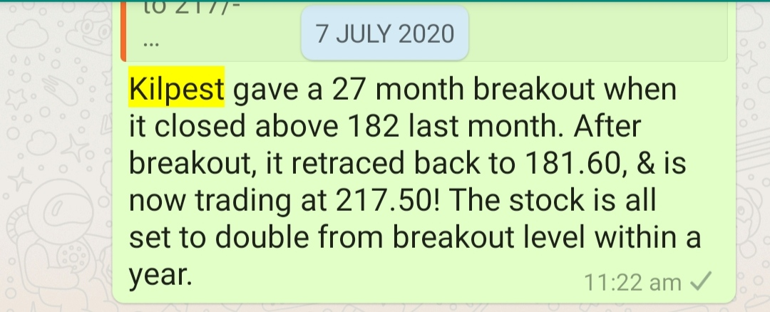 Stock name - Kilpest India ( #Kilpest) - 180 to 320, will continue to move along with Pharma Index!