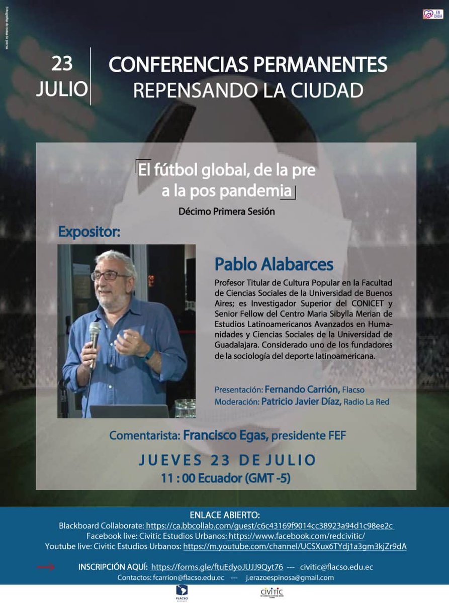 redcivitic's tweet photo. HOY 11:00 #RepensandoLaCiudad presenta a Pablo Alabarces, quien va a tratar el tema de fútbol y pandemia: ¡No te lo pierdas! https://t.co/DiJYeyFCQx