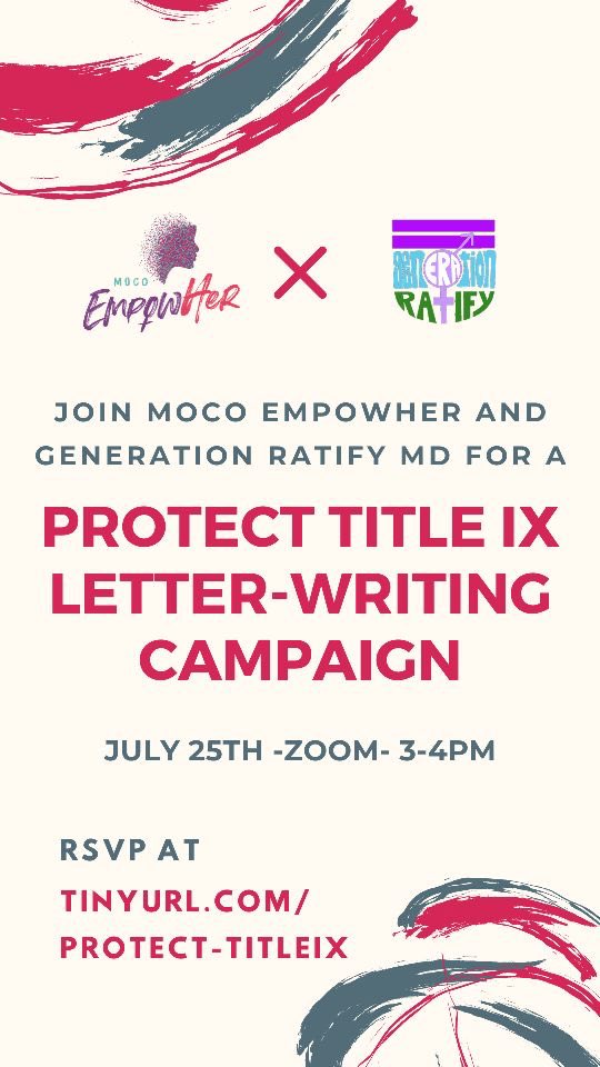 We are thrilled to announce that we will be hosting a letter-writing event with @generationratifymd @generationratify to protect Title IX and gender equality in all educational environments! RSVP at secure.everyaction.com/WskPKX95w0q7cN… See you this Saturday!!
