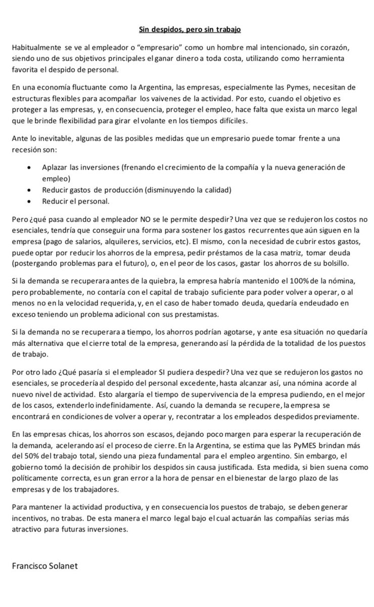 FranSolanet's tweet photo. A continuación adjunto una reflexión sobre el daño generado en las empresas como consecuencia de la falta de flexibilidad laboral. https://t.co/OQANsi76Wm
