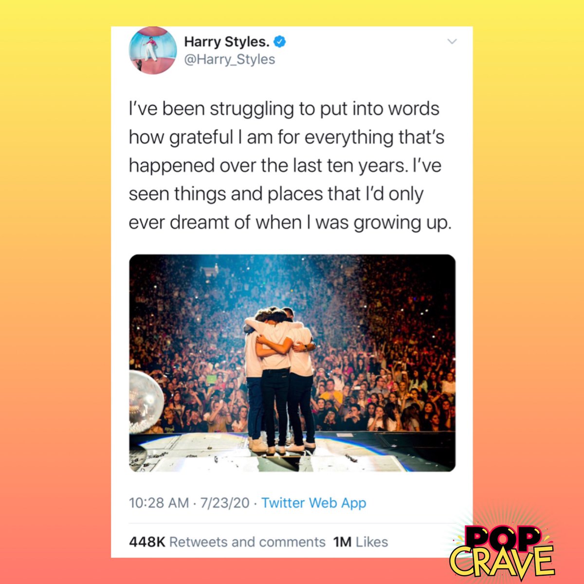 PopCrave's tweet photo. .@Harry_Styles’ tweet about #10YearsOfOneDirection reaches 1 MILLION likes in over an hour, a new record on Twitter. 🏆 https://t.co/pKEgJaJSfa