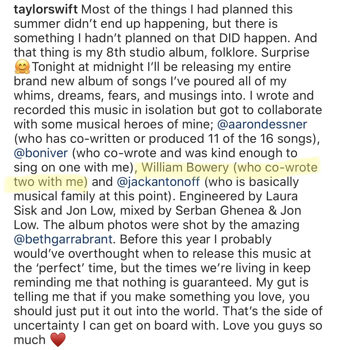 TSwiftNZ's tweet photo. 🔎 | Fans online believe that “William Bowery” who Taylor credited as a songwriter on folklore could actually be a pseudonym for her bf Joe Alwyn.

There is little to no info on a songwriter with that name, and one of the couple’s first meetings was at the Bowery Hotel in NYC. https://t.co/k4ZEviVtmK
