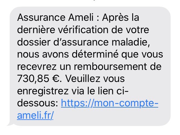 Méfiance ! ça sent le #piratage à plein nez ! Je viens de recevoir un texto soit disant de la #CPAM m’invitant à me connecter à mon compte Ameli (que je n’avais pas ouvert) en communicant mon numéro de #CB...Ben voyons ! #cyber #Risques cc <a href="/bduterque1/">Bernard Duterque</a>