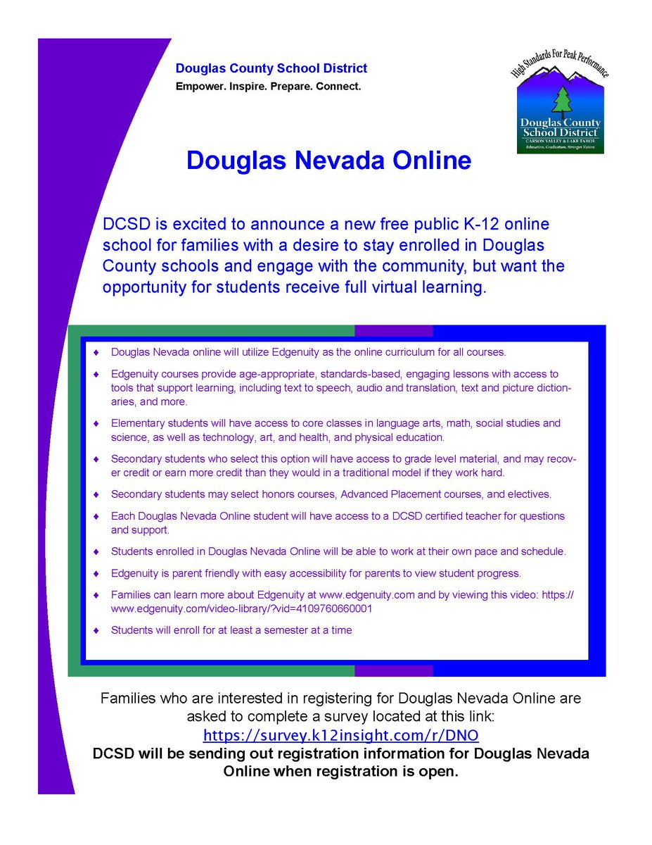 Information about Douglas Nevada Online.  Registration is not yet available, but be sure to complete the survey if you would like to receive registration materials.
