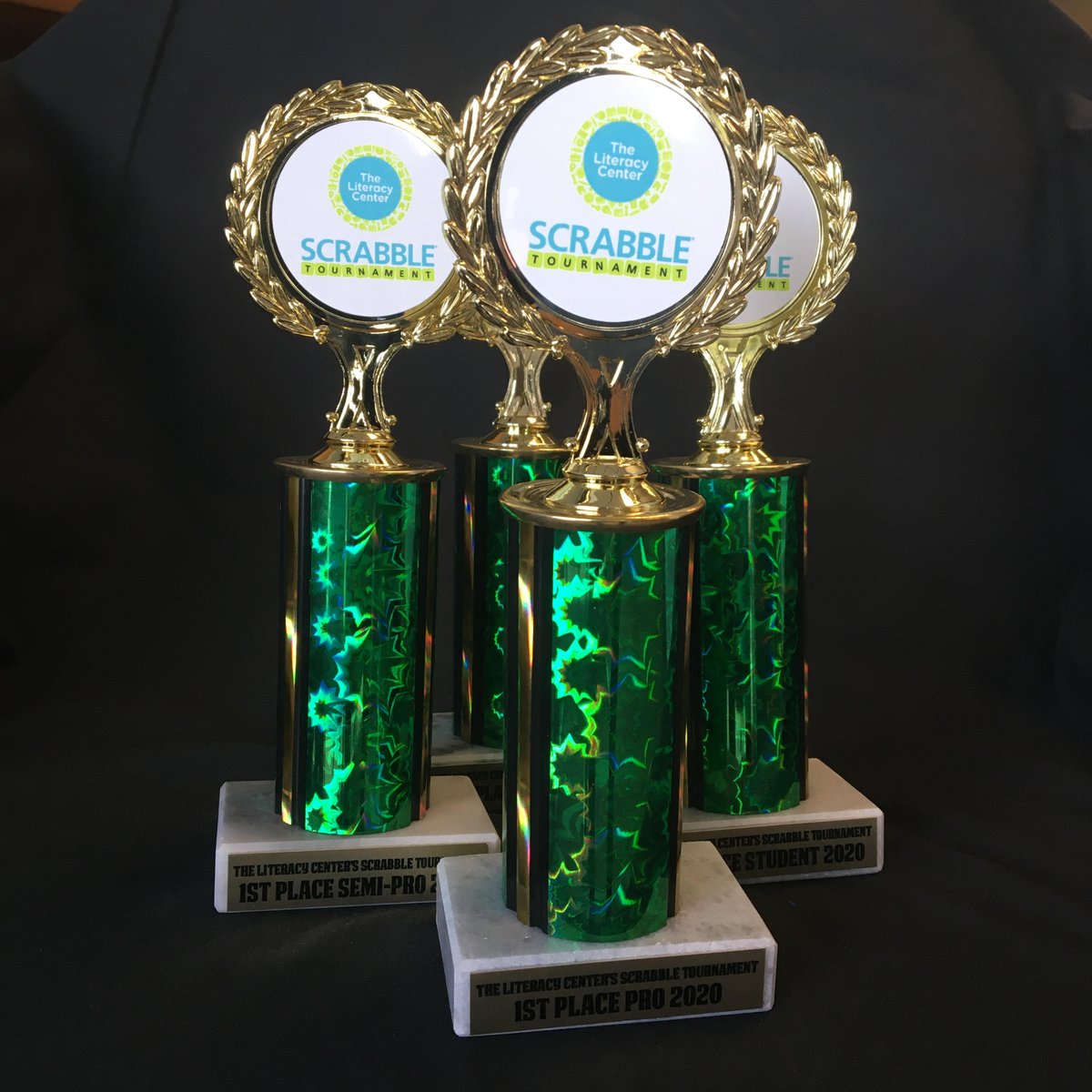 These trophies for our Virtual Scrabble Tournament's Competitive League from Tri-State Trophies are so beautiful I could cry. But I won't, because that would take time away from practicing for the tournament. Stop reading, start registering: litcenter.org/competitive/

#scrabble